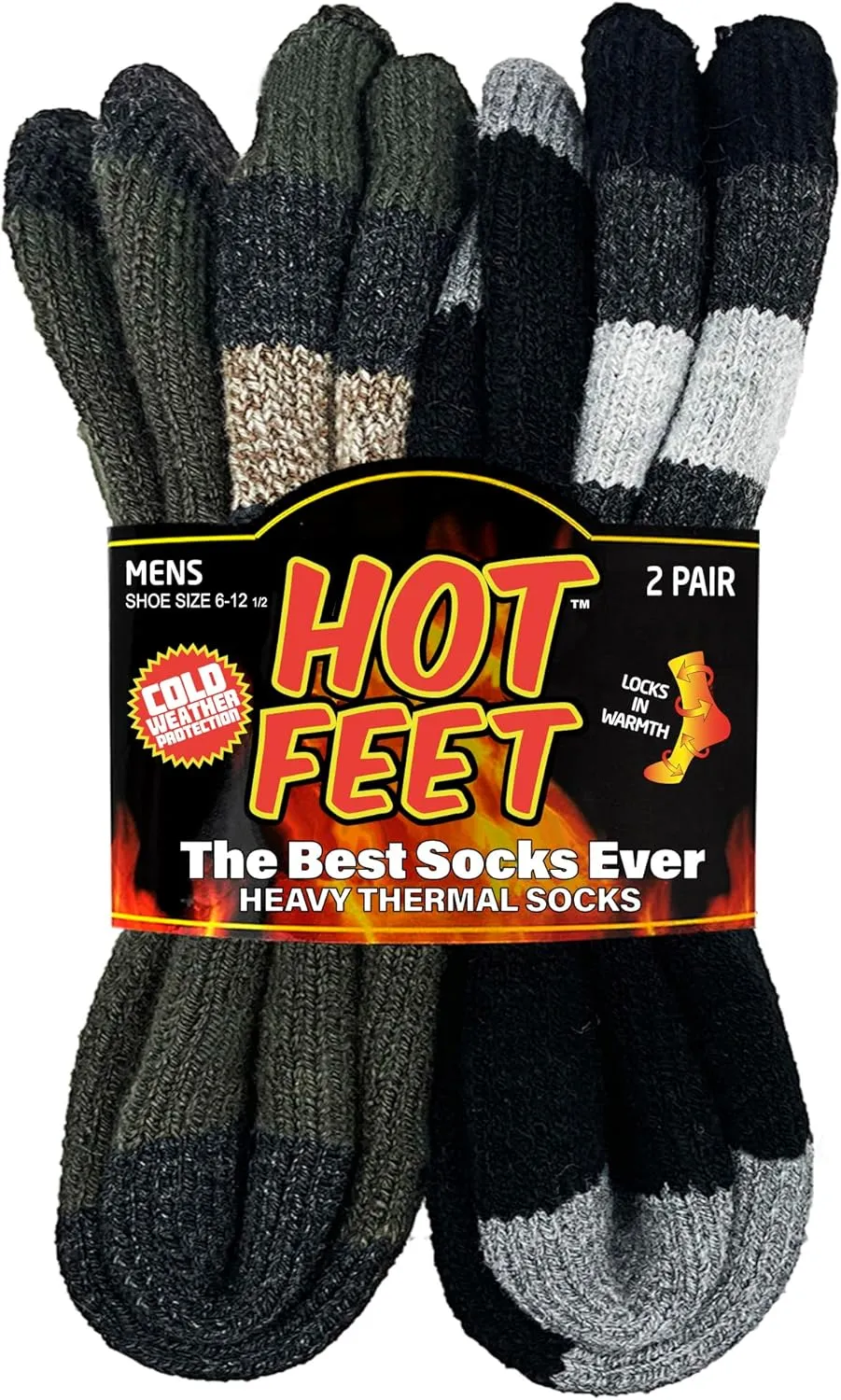 HOT FEET Thermal Socks for Men - Extreme Cold Weather, 2 Pack Thick Warm Socks, Winter Insulated, Size 6-12.5