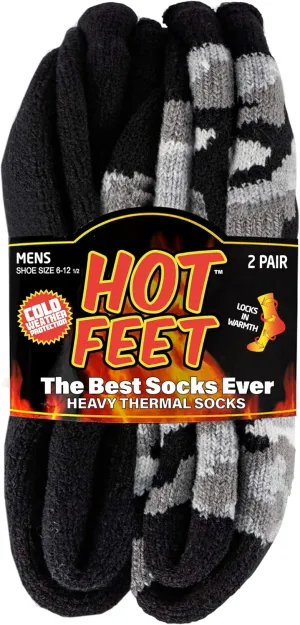 HOT FEET Thermal Socks for Men - Extreme Cold Weather, 2 Pack Thick Warm Socks, Winter Insulated, Size 6-12.5