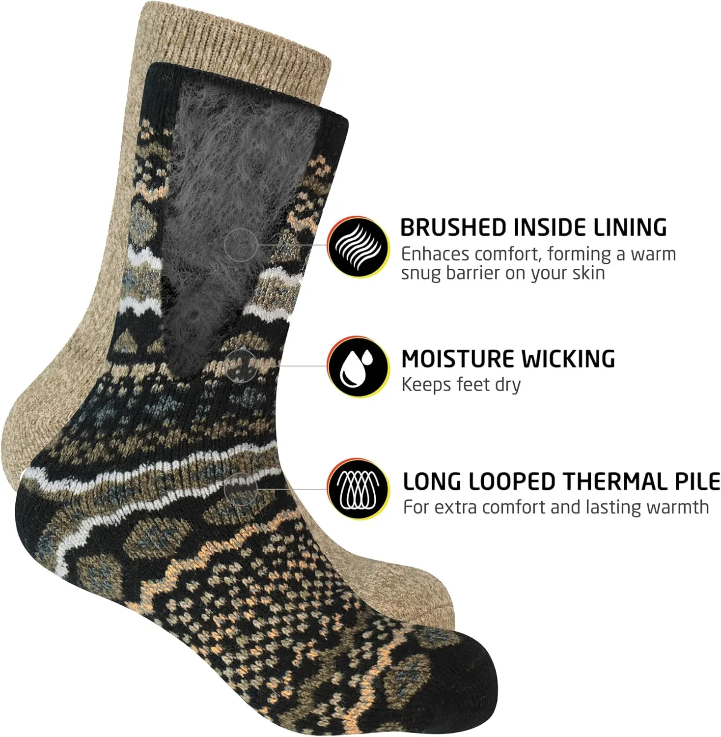 HOT FEET Thermal Socks for Men - Extreme Cold Weather, 2 Pack Thick Warm Socks, Winter Insulated, Size 6-12.5