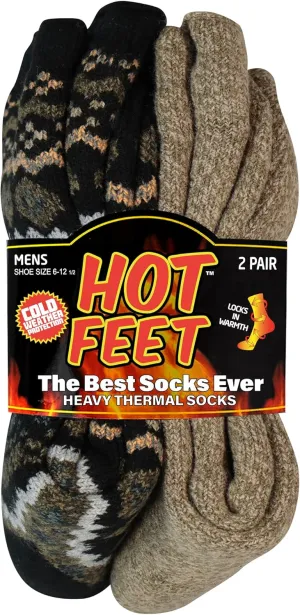 HOT FEET Thermal Socks for Men - Extreme Cold Weather, 2 Pack Thick Warm Socks, Winter Insulated, Size 6-12.5