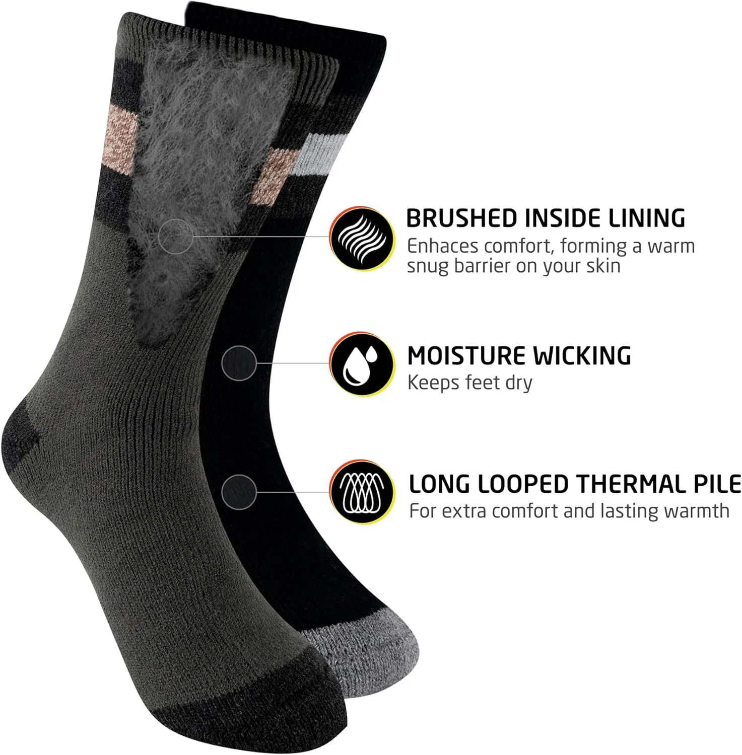 HOT FEET Thermal Socks for Men - Extreme Cold Weather, 2 Pack Thick Warm Socks, Winter Insulated, Size 6-12.5