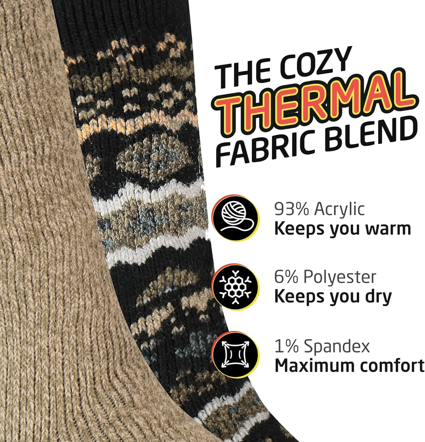 HOT FEET Thermal Socks for Men - Extreme Cold Weather, 2 Pack Thick Warm Socks, Winter Insulated, Size 6-12.5