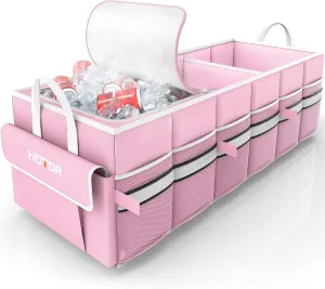 HOTOR Collapsible Car Trunk Organizer with Built-In Leakproof Cooler - Multi-Compartment Storage for SUV, Sedan & Vehicles, Base Panel Included (3 Sections, Pink, 31.9"×12.6"×10.6")
