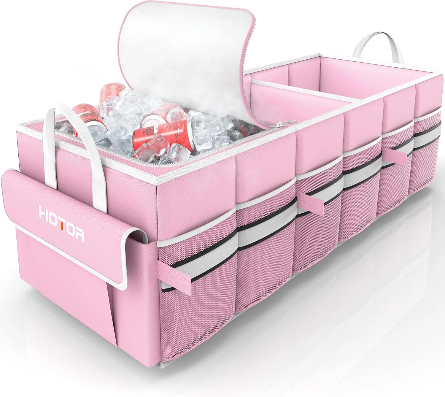 HOTOR Collapsible Car Trunk Organizer with Built-In Leakproof Cooler - Multi-Compartment Storage for SUV, Sedan & Vehicles, Base Panel Included (3 Sections, Pink, 31.9"×12.6"×10.6")