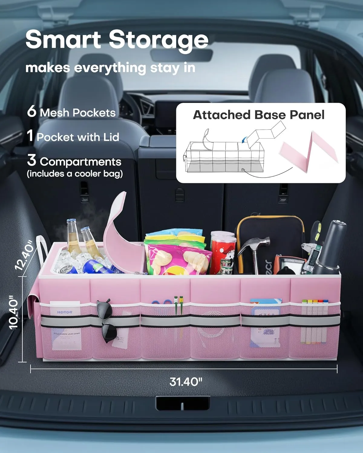 HOTOR Collapsible Car Trunk Organizer with Built-In Leakproof Cooler - Multi-Compartment Storage for SUV, Sedan & Vehicles, Base Panel Included (3 Sections, Pink, 31.9"×12.6"×10.6")