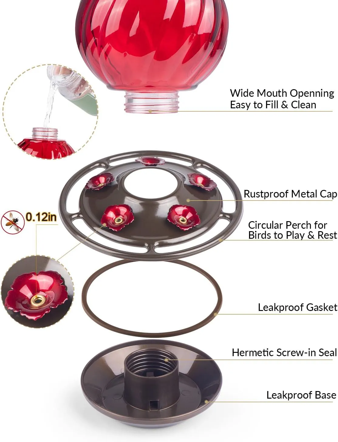 Hummingbird Feeder, Auslar 26 Ounces Glass Hummingbird Feeders for Outdoors Hanging Ant and Bee Proof, Ant Moat & 5 Flower Feeding Ports, Rustproof, Leakproof, Netted Flower Bud Shape, Red, 2 Pack