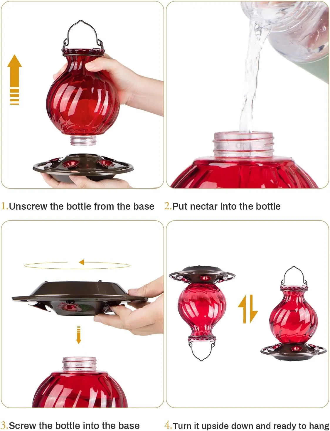 Hummingbird Feeder, Auslar 26 Ounces Glass Hummingbird Feeders for Outdoors Hanging Ant and Bee Proof, Ant Moat & 5 Flower Feeding Ports, Rustproof, Leakproof, Netted Flower Bud Shape, Red, 2 Pack