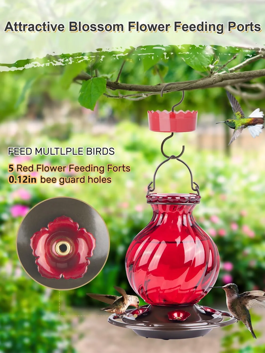 Hummingbird Feeder, Auslar 26 Ounces Glass Hummingbird Feeders for Outdoors Hanging Ant and Bee Proof, Ant Moat & 5 Flower Feeding Ports, Rustproof, Leakproof, Netted Flower Bud Shape, Red, 2 Pack