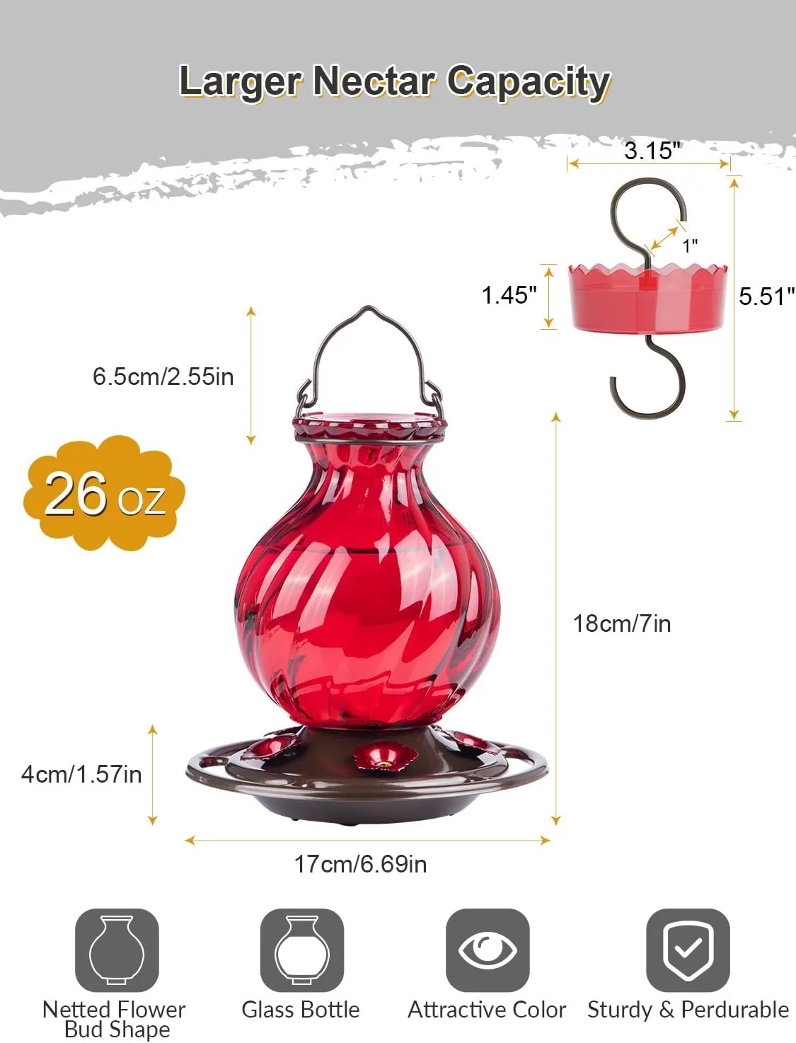 Hummingbird Feeder, Auslar 26 Ounces Glass Hummingbird Feeders for Outdoors Hanging Ant and Bee Proof, Ant Moat & 5 Flower Feeding Ports, Rustproof, Leakproof, Netted Flower Bud Shape, Red, 2 Pack