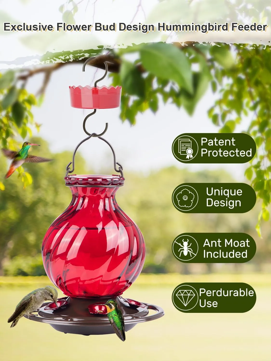 Hummingbird Feeder, Auslar 26 Ounces Glass Hummingbird Feeders for Outdoors Hanging Ant and Bee Proof, Ant Moat & 5 Flower Feeding Ports, Rustproof, Leakproof, Netted Flower Bud Shape, Red, 2 Pack