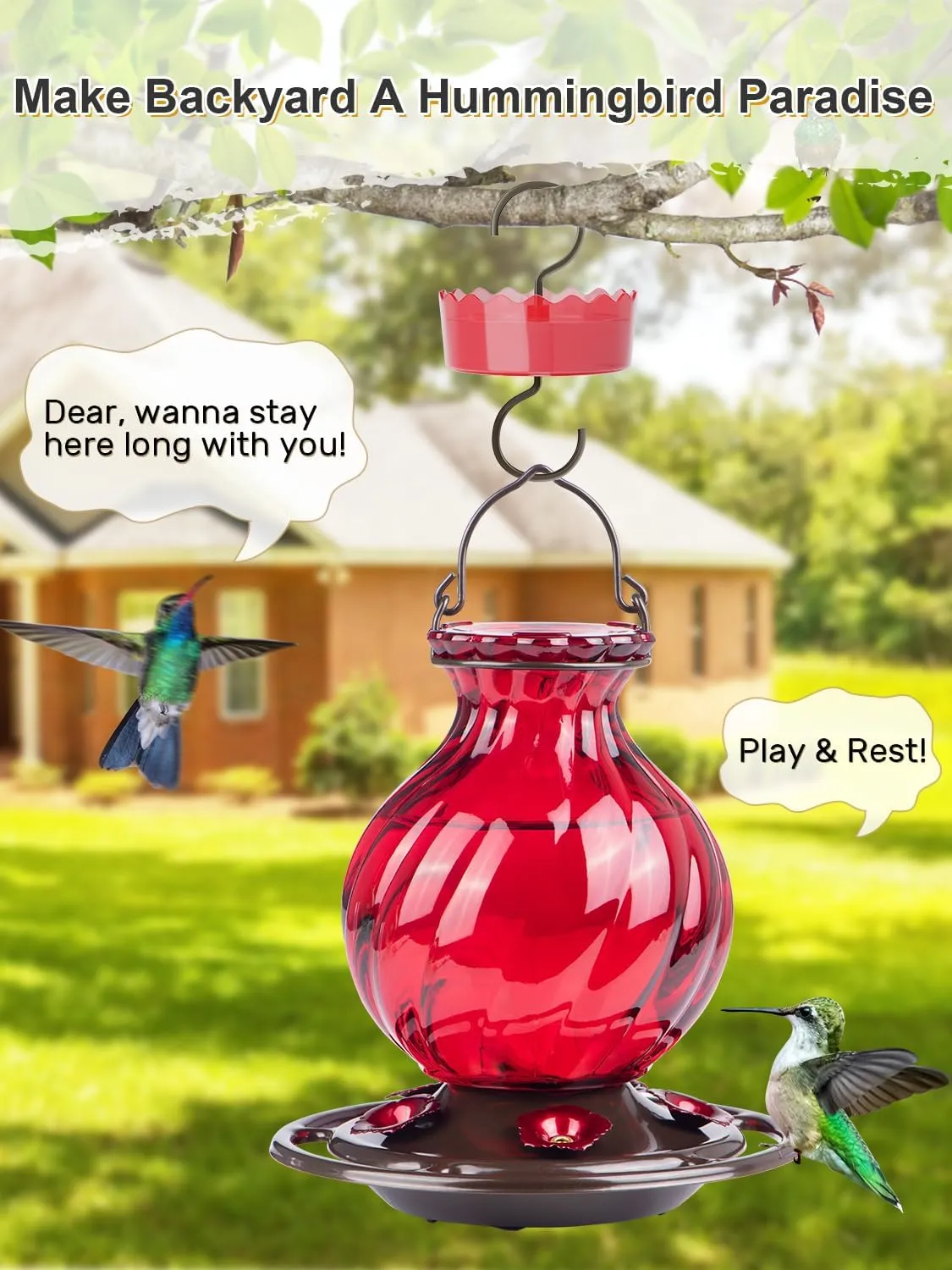 Hummingbird Feeder, Auslar 26 Ounces Glass Hummingbird Feeders for Outdoors Hanging Ant and Bee Proof, Ant Moat & 5 Flower Feeding Ports, Rustproof, Leakproof, Netted Flower Bud Shape, Red, 2 Pack