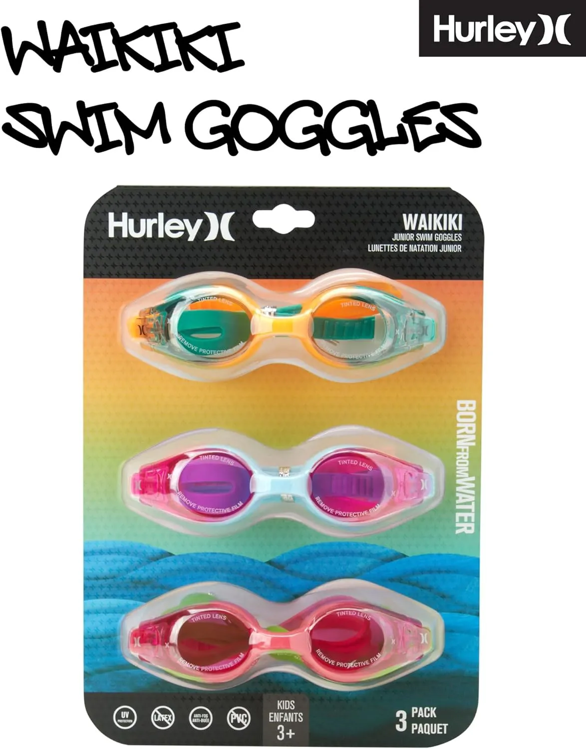 Hurley Kids Swim Goggles - 2 Pack/3 Pack No Leak Anti-Fog UV Protect Ultrafit Goggles for Swimming (Ages 3  and 8 )