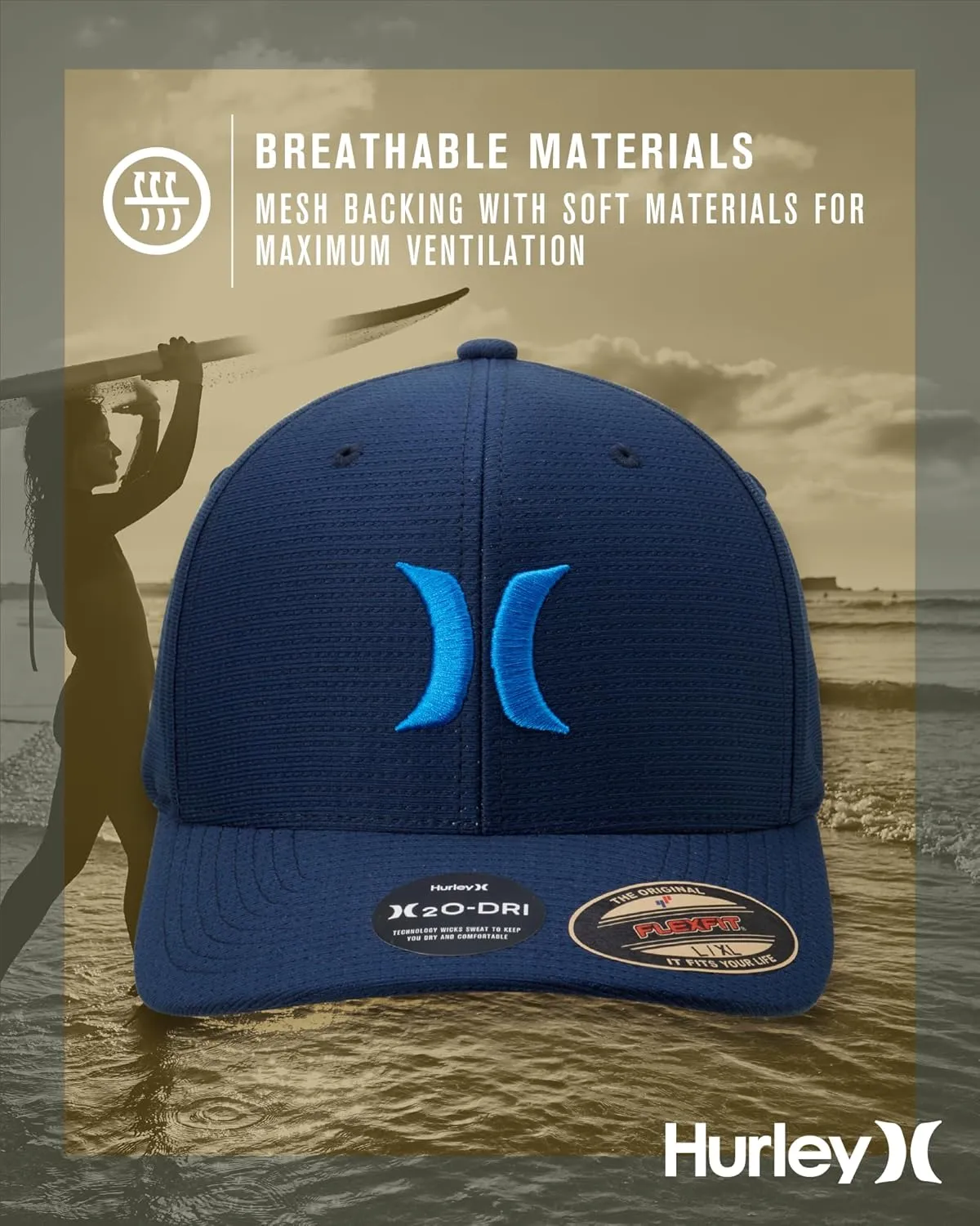 Hurley Men's Baseball Cap – Lightweight Curved Bill H2O Dri Fitted Caps for Men