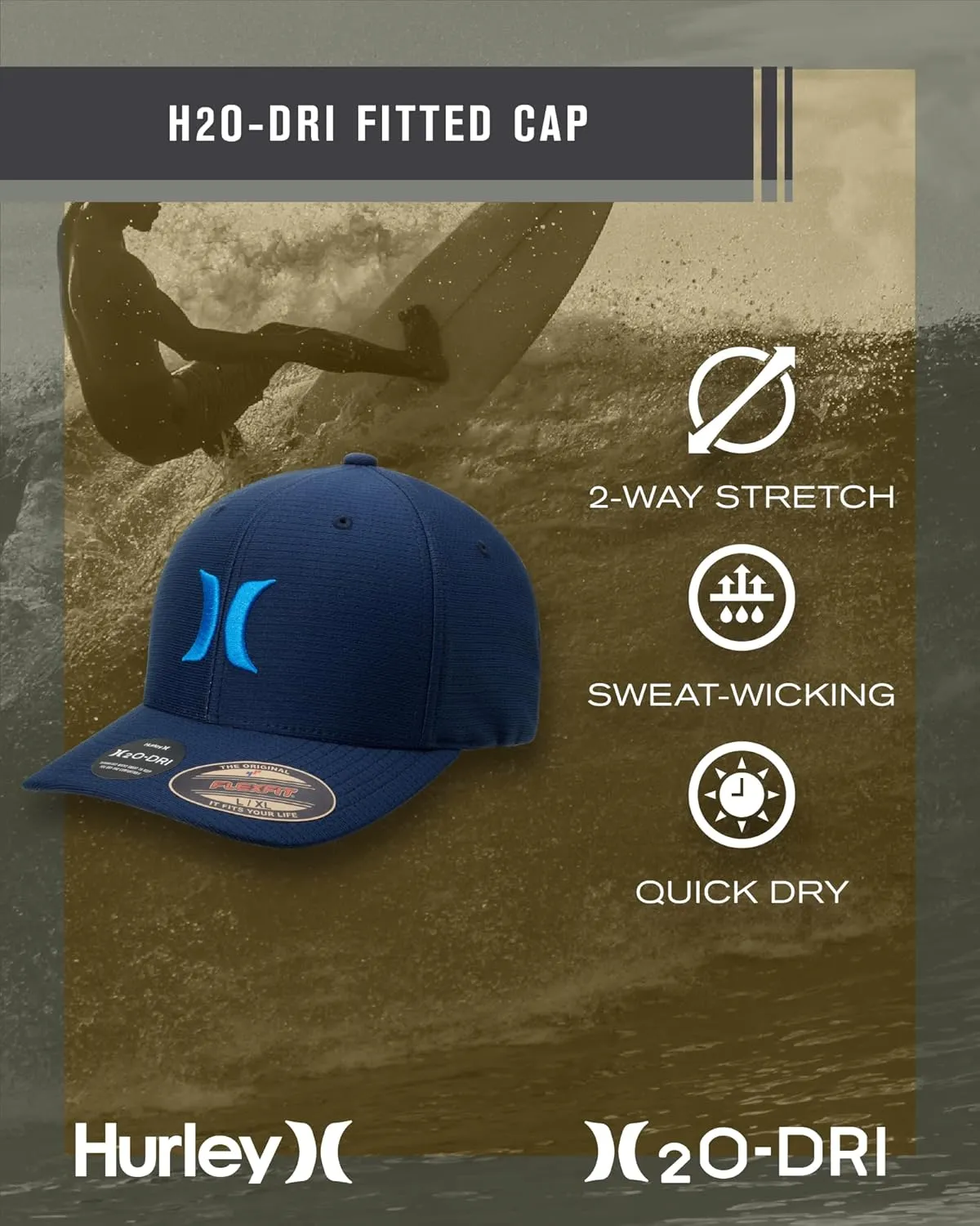 Hurley Men's Baseball Cap – Lightweight Curved Bill H2O Dri Fitted Caps for Men