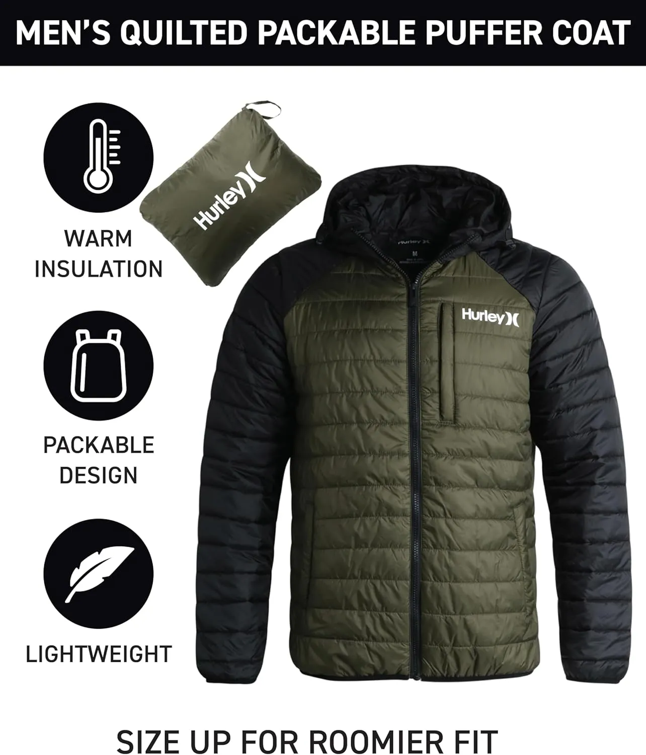 Hurley Men's Jacket - Balsam Lightweight Packable Puffer Coat - Weather Resistant Outerwear Windbreaker Coat for Men (M-XL)