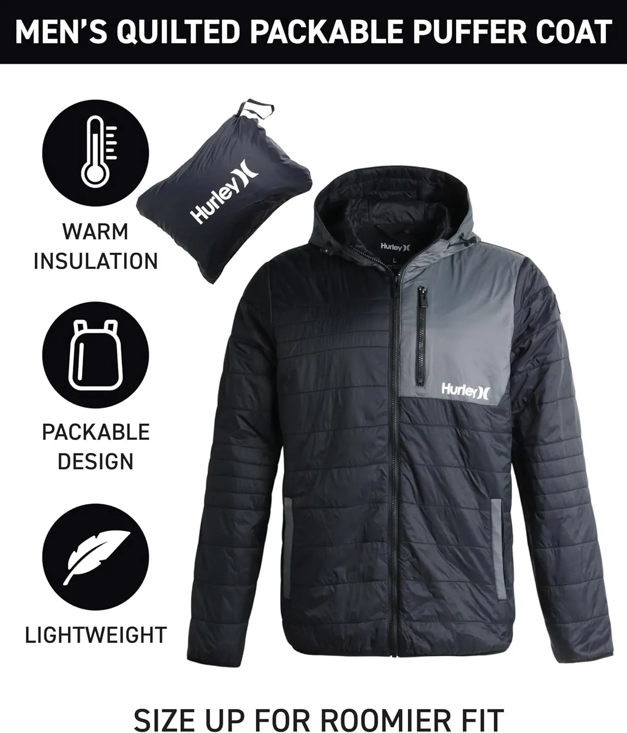 Hurley Men's Jacket - Balsam Lightweight Packable Puffer Coat - Weather Resistant Outerwear Windbreaker Coat for Men (M-XL)