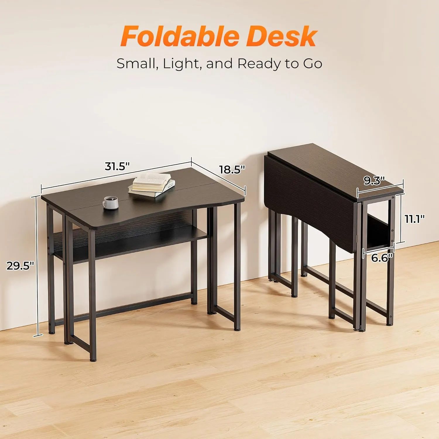 Huuger Folding Desk with Storage Shelf, 31.5 Inch Foldable Computer Table for Small Spaces, Space Saving Sofa Table for Couch, Writing Work Office Computer Desk, Easy to Fold, Black