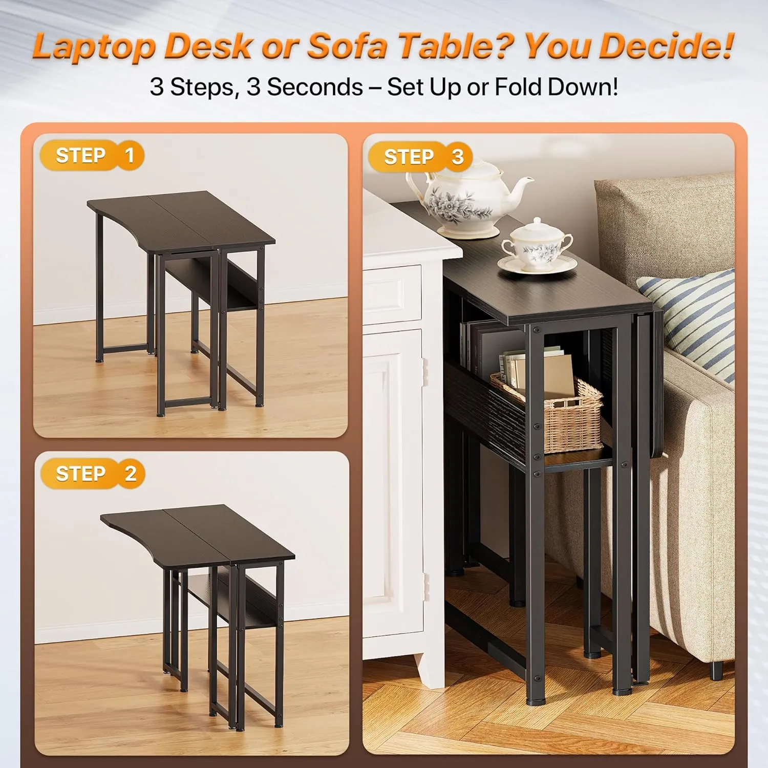Huuger Folding Desk with Storage Shelf, 31.5 Inch Foldable Computer Table for Small Spaces, Space Saving Sofa Table for Couch, Writing Work Office Computer Desk, Easy to Fold, Black