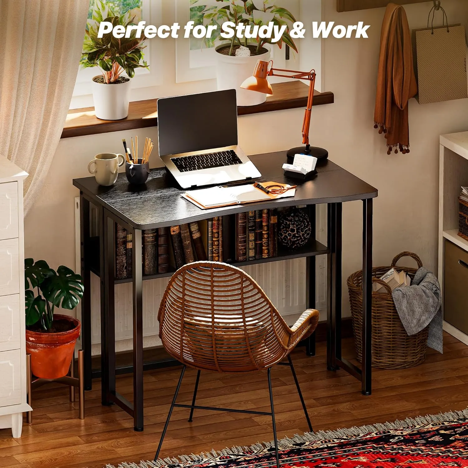 Huuger Folding Desk with Storage Shelf, 31.5 Inch Foldable Computer Table for Small Spaces, Space Saving Sofa Table for Couch, Writing Work Office Computer Desk, Easy to Fold, Black