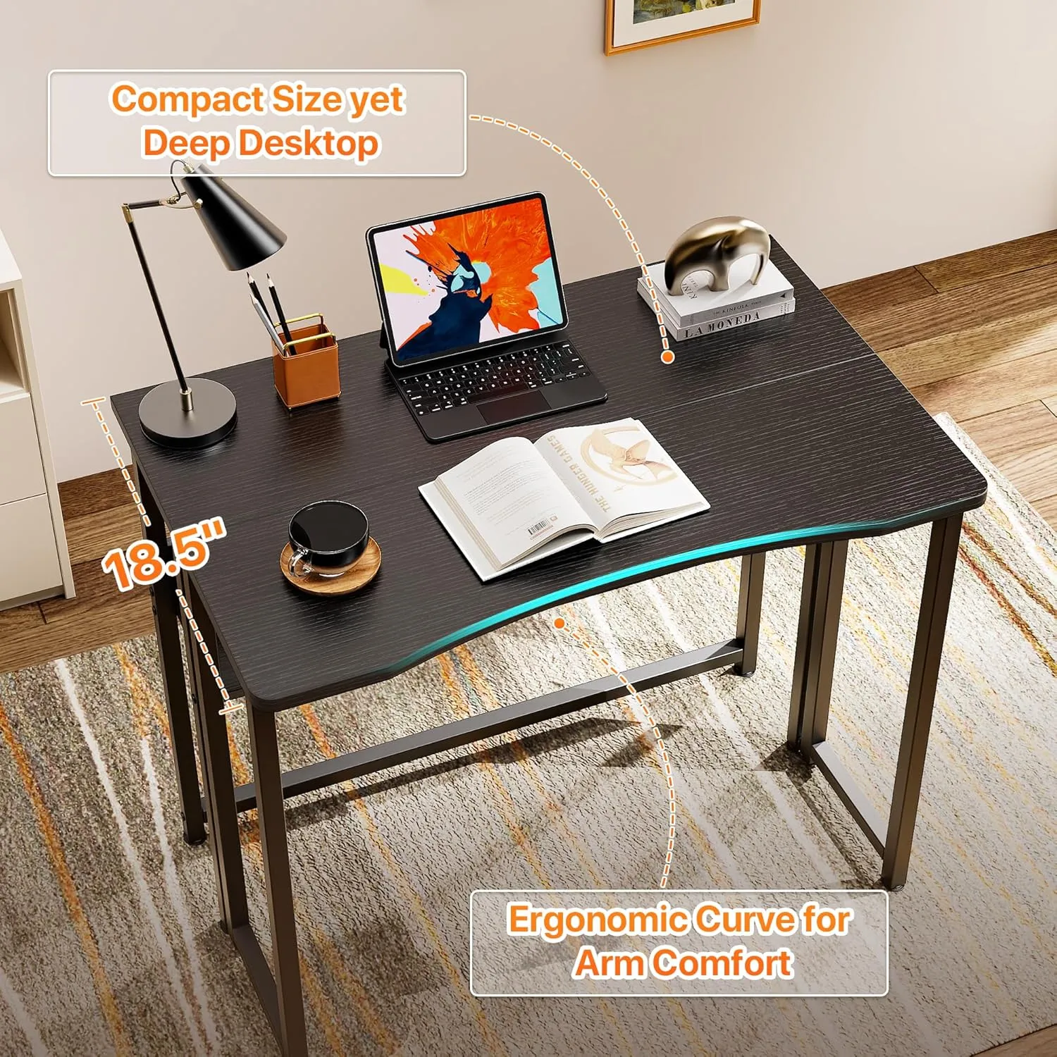 Huuger Folding Desk with Storage Shelf, 31.5 Inch Foldable Computer Table for Small Spaces, Space Saving Sofa Table for Couch, Writing Work Office Computer Desk, Easy to Fold, Black