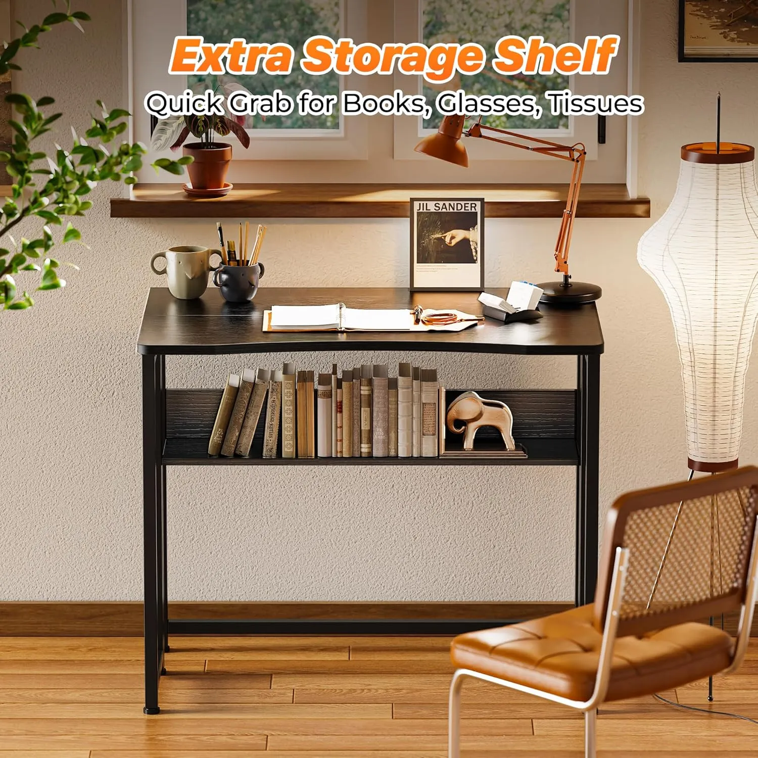 Huuger Folding Desk with Storage Shelf, 31.5 Inch Foldable Computer Table for Small Spaces, Space Saving Sofa Table for Couch, Writing Work Office Computer Desk, Easy to Fold, Black