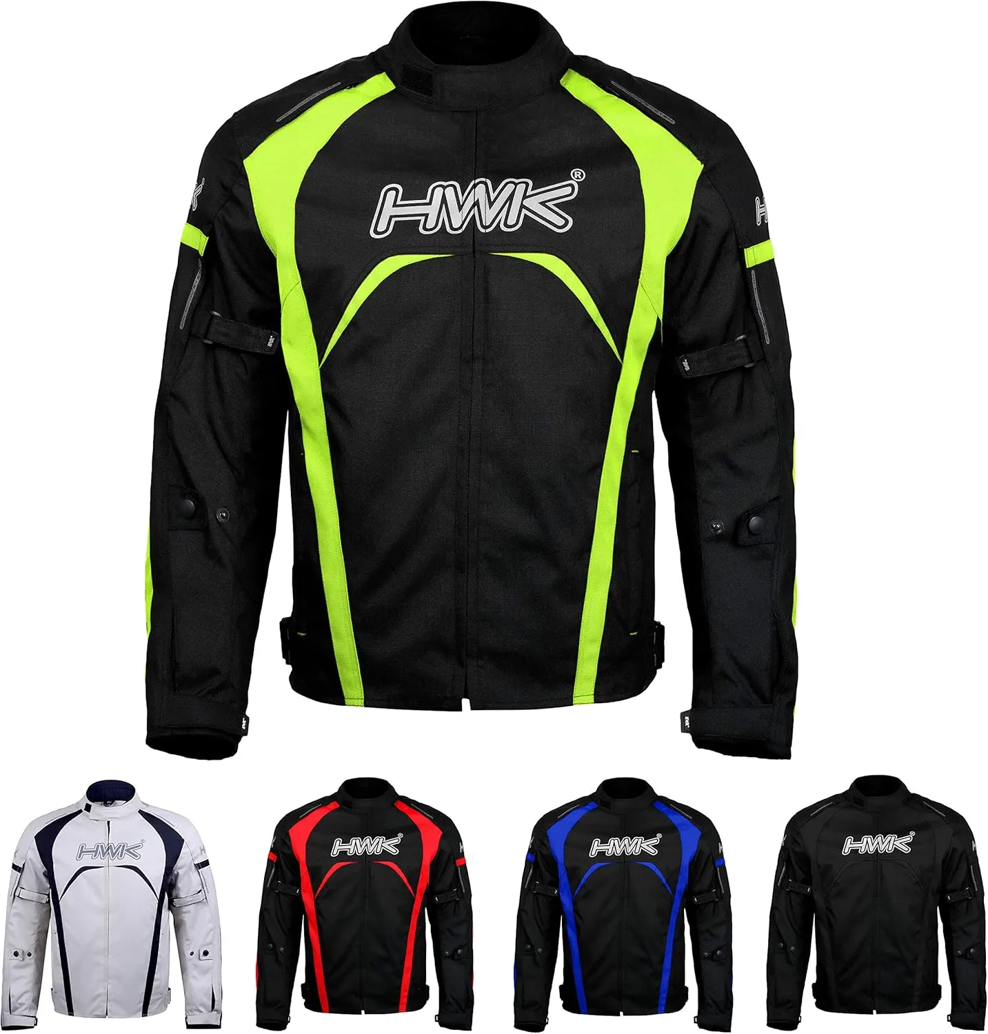 HWK Motorcycle Jacket for Men & Women, Waterproof, High Visibility Rain Jacket with CE Armor, Adjustable, Durable Polyester Motorcycle Riding Jacket, Dirt Bike Gear Enduro Racing, Hi-Vis Green, L