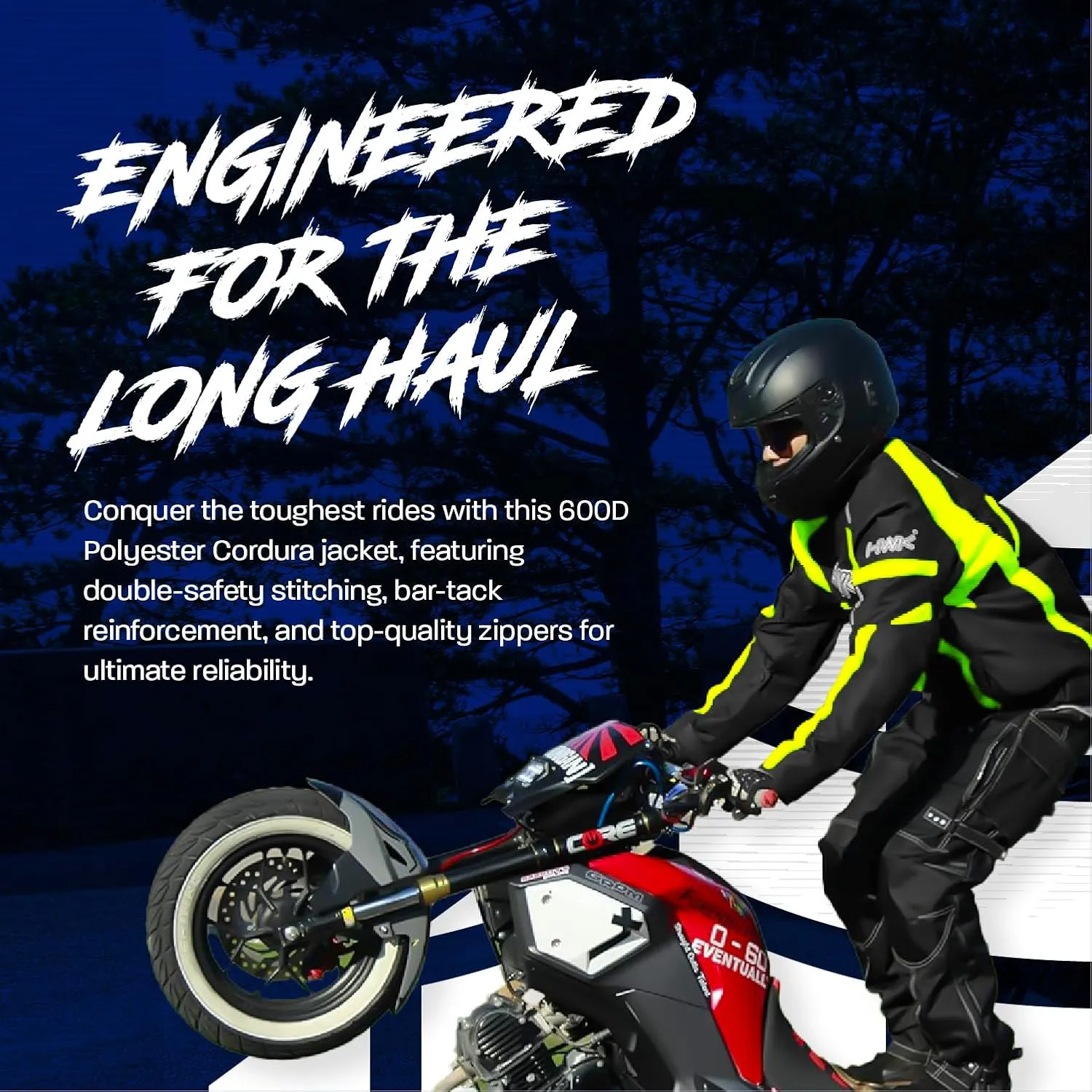 HWK Motorcycle Jacket for Men & Women, Waterproof, High Visibility Rain Jacket with CE Armor, Adjustable, Durable Polyester Motorcycle Riding Jacket, Dirt Bike Gear Enduro Racing, Hi-Vis Green, L