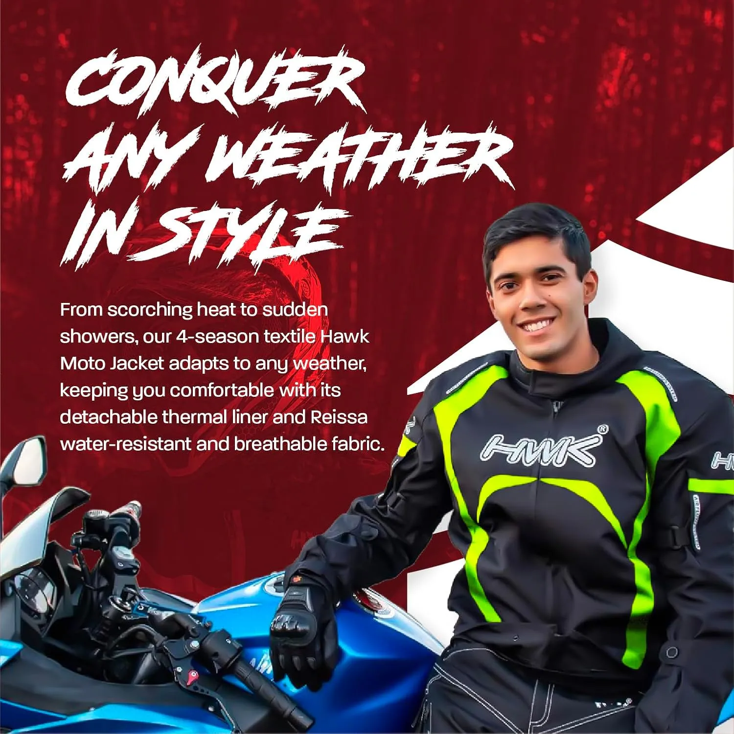 HWK Motorcycle Jacket for Men & Women, Waterproof, High Visibility Rain Jacket with CE Armor, Adjustable, Durable Polyester Motorcycle Riding Jacket, Dirt Bike Gear Enduro Racing, Hi-Vis Green, L