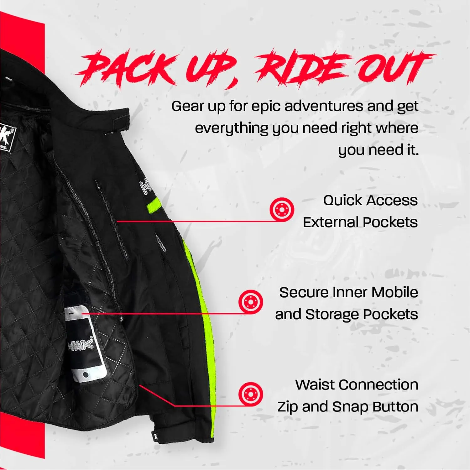 HWK Motorcycle Jacket for Men & Women, Waterproof, High Visibility Rain Jacket with CE Armor, Adjustable, Durable Polyester Motorcycle Riding Jacket, Dirt Bike Gear Enduro Racing, Hi-Vis Green, L