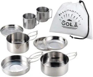 HXBER 8pcs Outdoor Pan Set Stainless Steel Stacking Pots Hiking Pot Camping Cookware Non-Stick Picnic Cooking Bowl Pot Kit