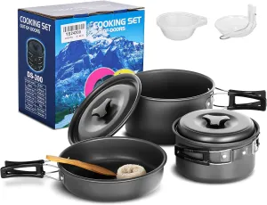 HXBER Camping Cookware Set Pot Frying Pan Non-Stick Lightweight Stackable Storage Bag Suitable for 2-3 Person Outdoor Utensils