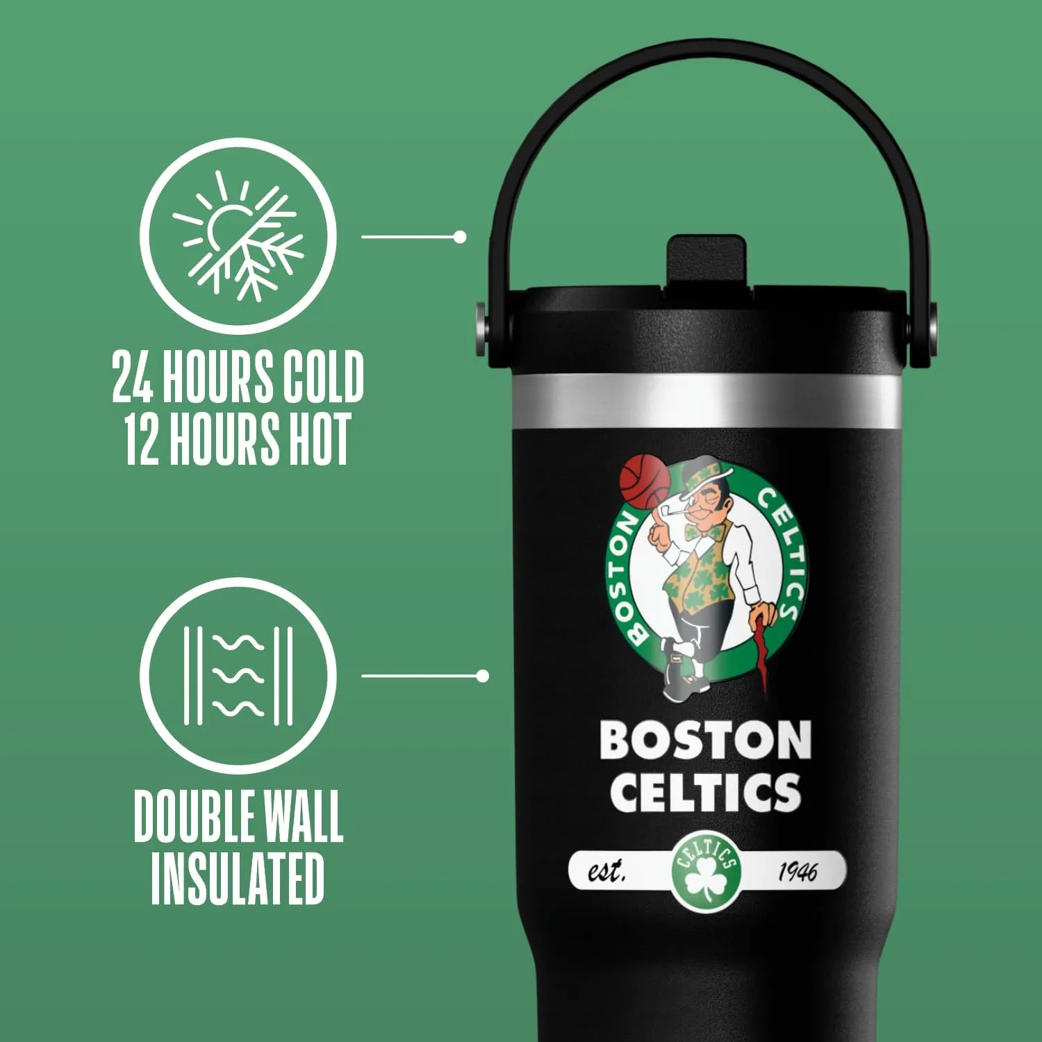 Hydrapeak x NBA Officially Licensed Boston Celtics 32 oz Nomad Tumbler with Handle and Straw Lid, Leakproof Stainless Steel Water Bottle