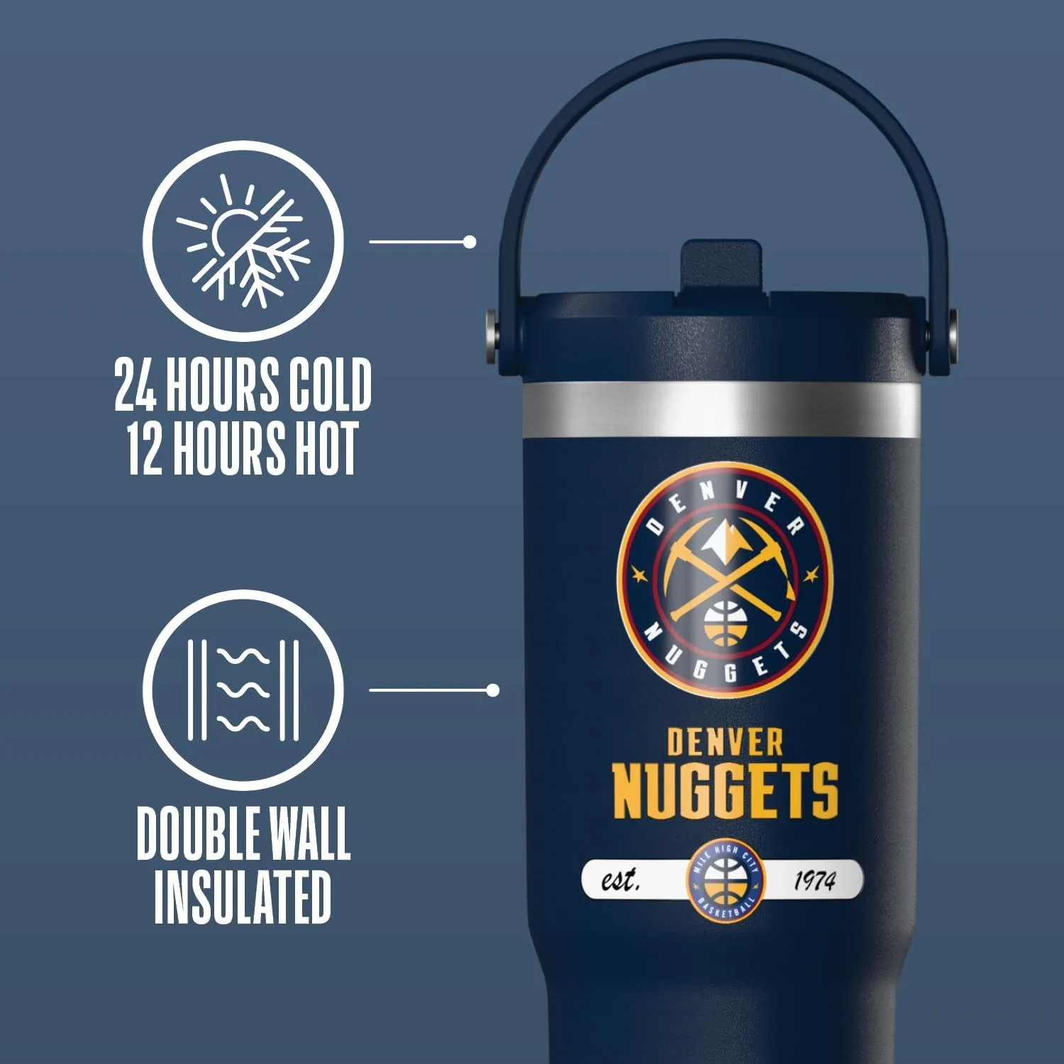 Hydrapeak x NBA Officially Licensed Denver Nuggets 32 oz Nomad Tumbler with Handle and Straw Lid, Leakproof Stainless Steel Water Bottle