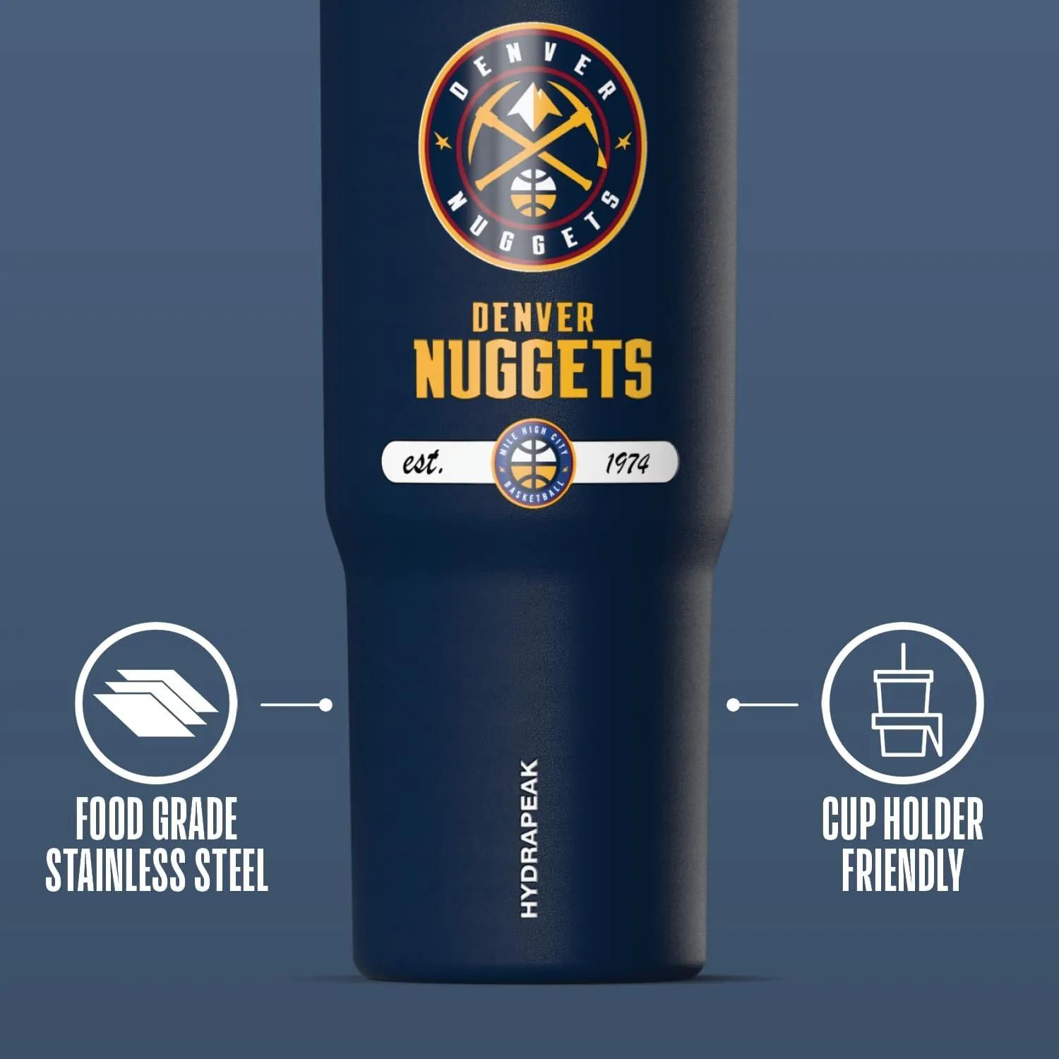 Hydrapeak x NBA Officially Licensed Denver Nuggets 32 oz Nomad Tumbler with Handle and Straw Lid, Leakproof Stainless Steel Water Bottle