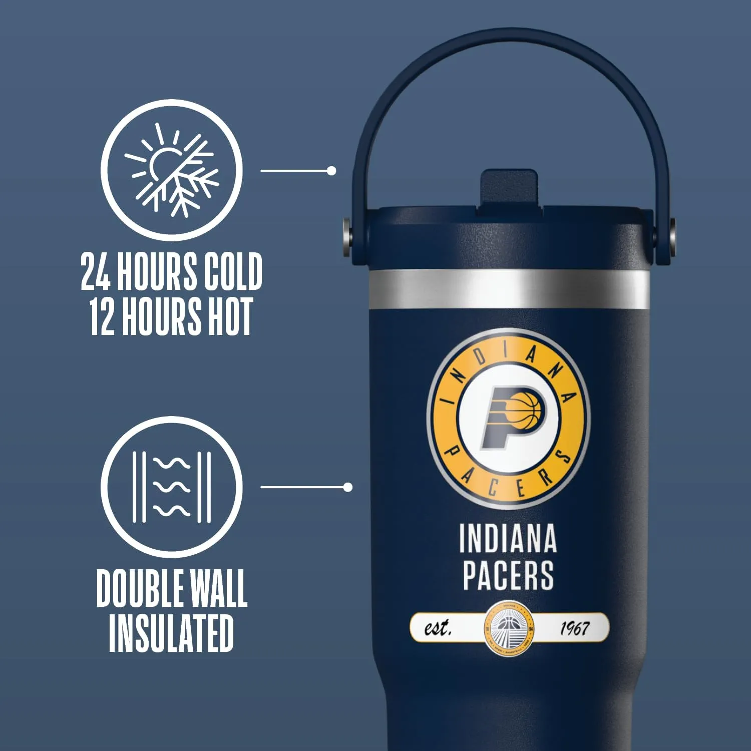 Hydrapeak x NBA Officially Licensed Indiana Pacers 32 oz Nomad Tumbler with Handle and Straw Lid, Leakproof Stainless Steel Water Bottle