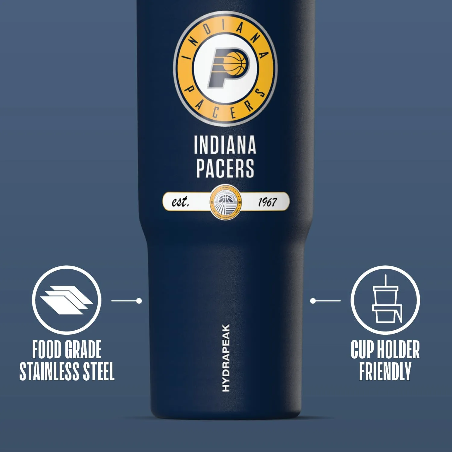 Hydrapeak x NBA Officially Licensed Indiana Pacers 32 oz Nomad Tumbler with Handle and Straw Lid, Leakproof Stainless Steel Water Bottle