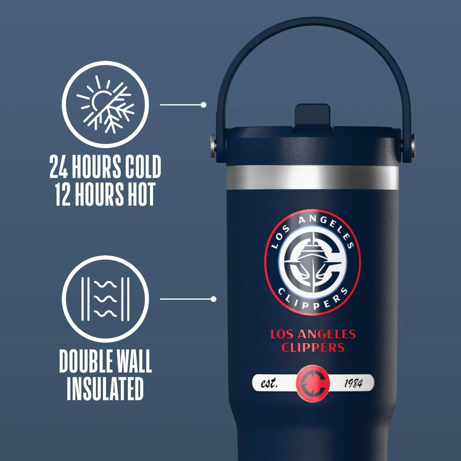 Hydrapeak x NBA Officially Licensed Los Angeles Clippers 32 oz Nomad Tumbler with Handle and Straw Lid, Leakproof Stainless Steel Water Bottle