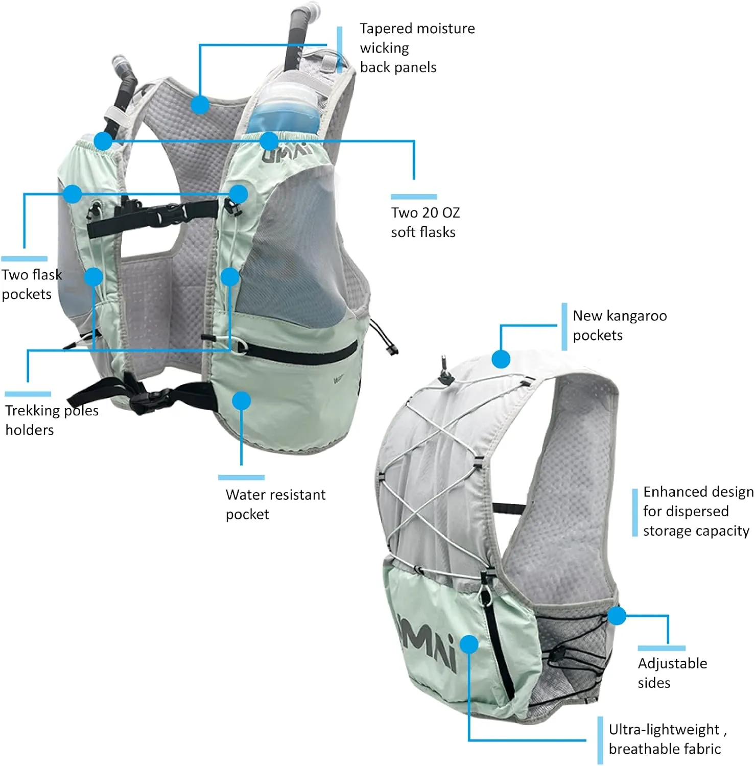 Hydration Running Vest, Hydration Vest with Two Flasks, Green