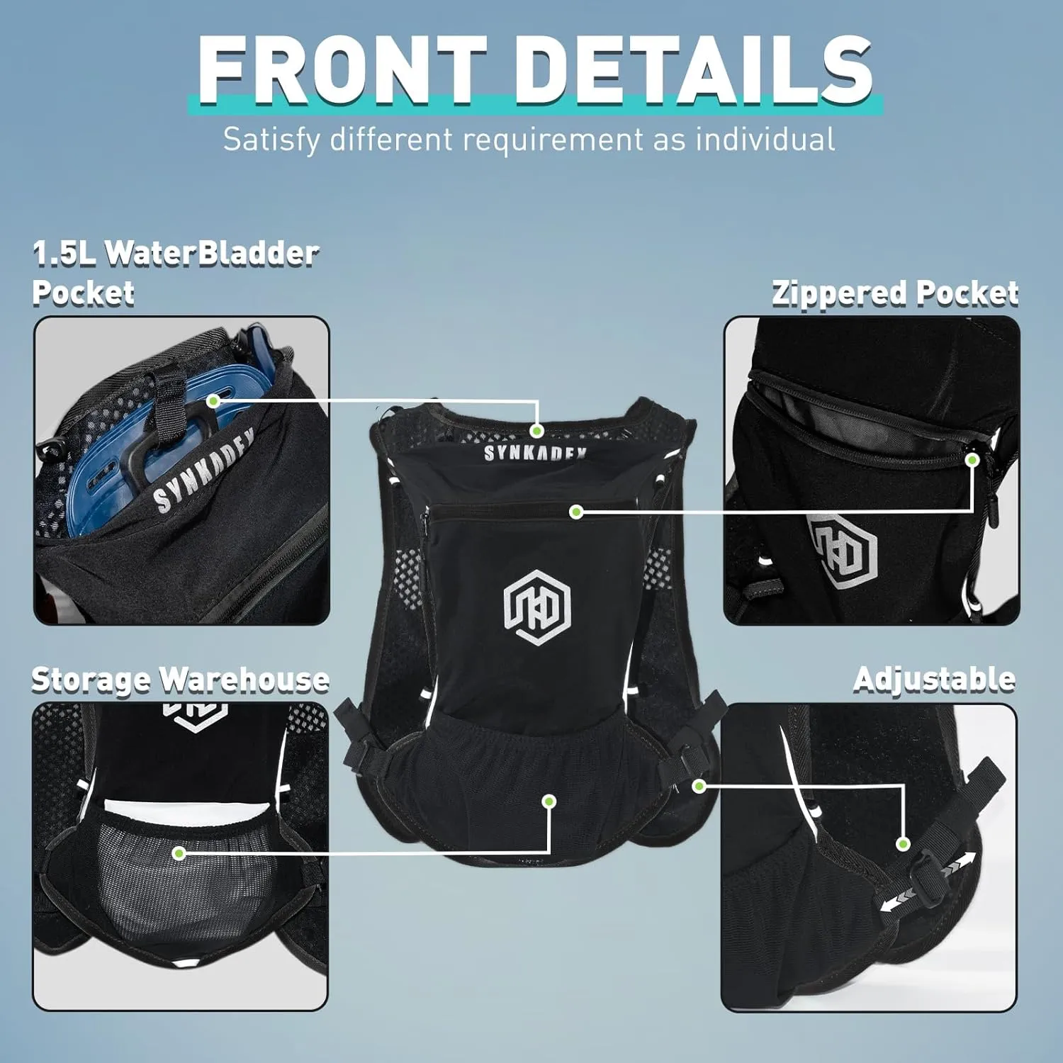 Hydration Vest Backpack with 1.5L Water Bladder - Adjustable Breathable Running Pack for Hiking Trail Lightweight Running Cycling Marathon, Daypack for Women & Men