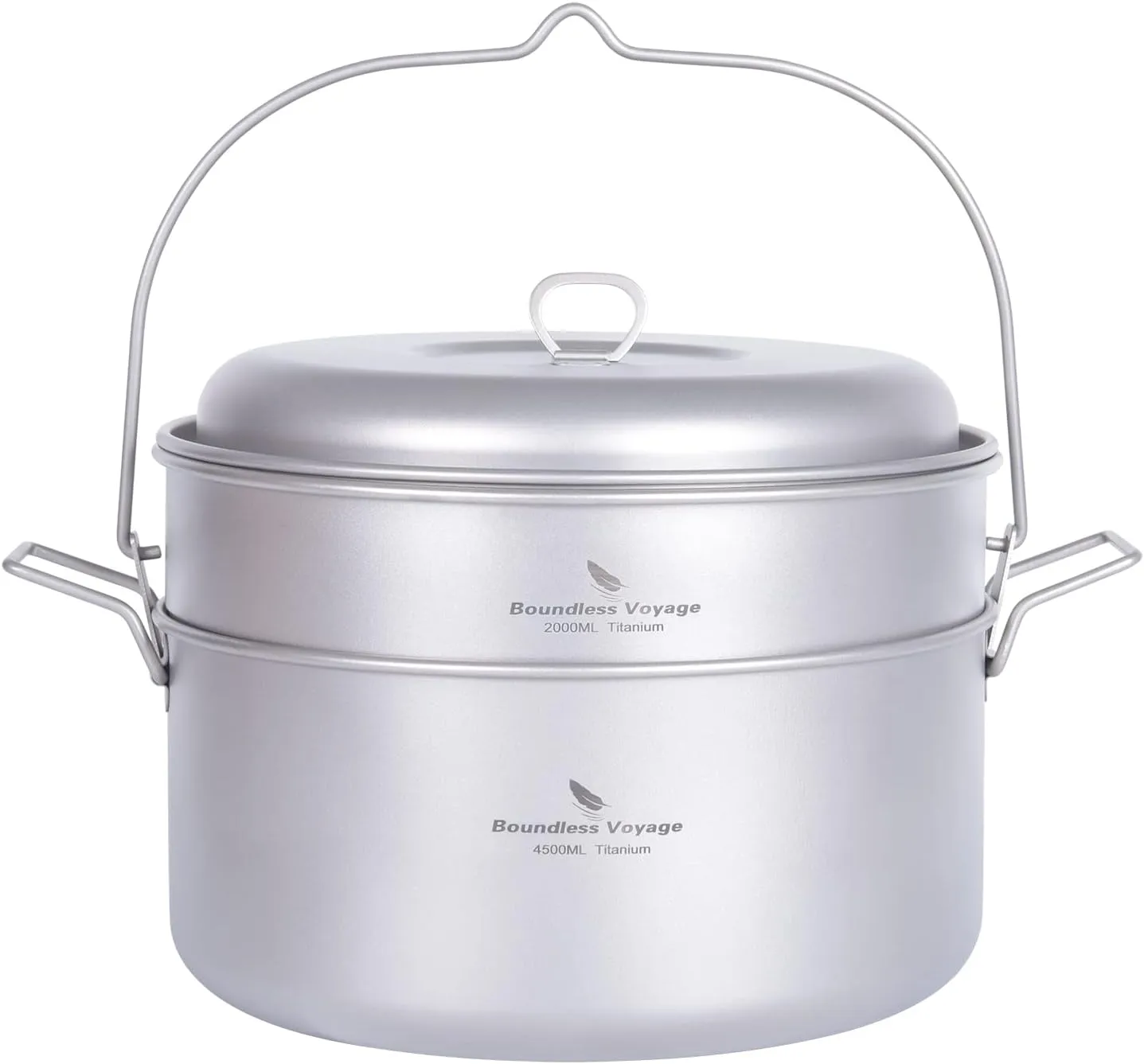 iBasingo Titanium Soup Pot Steamer Set with Foldbale Hanging Handle Lightweight Portable Cookware for 3-5 Persons in Camping Picnic Hiking Travel Household