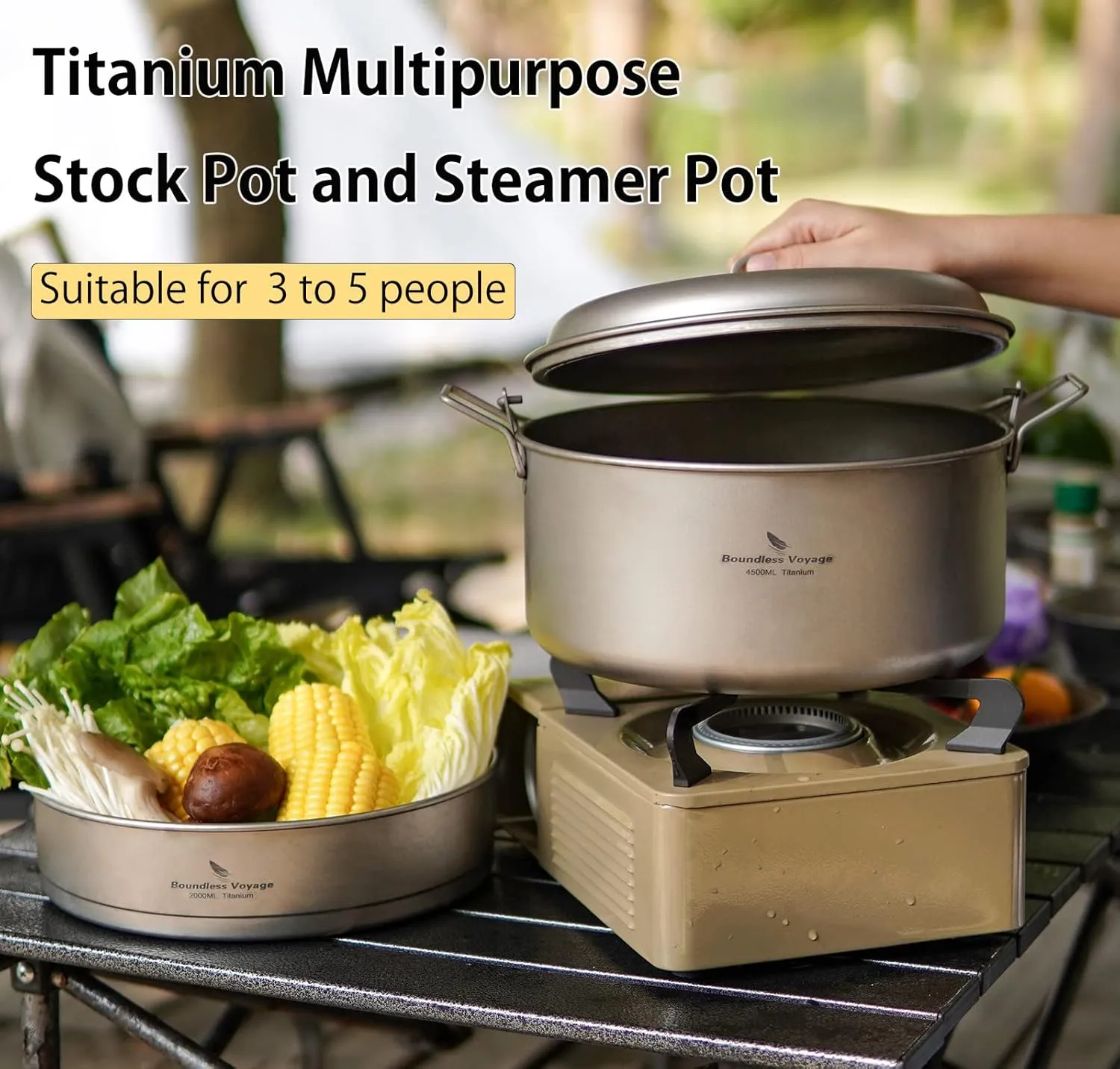 iBasingo Titanium Soup Pot Steamer Set with Foldbale Hanging Handle Lightweight Portable Cookware for 3-5 Persons in Camping Picnic Hiking Travel Household