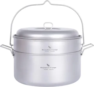 iBasingo Titanium Soup Pot Steamer Set with Foldbale Hanging Handle Lightweight Portable Cookware for 3-5 Persons in Camping Picnic Hiking Travel Household