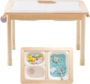 IEATFO Rubber Wood Montessori Sensory Table - 3 Foldable Storage Bins, Reinforced Frame, Height Adjustable Children's Table - Multifunctional Kids Activity Table Promotes Sensory Experiences & Growth