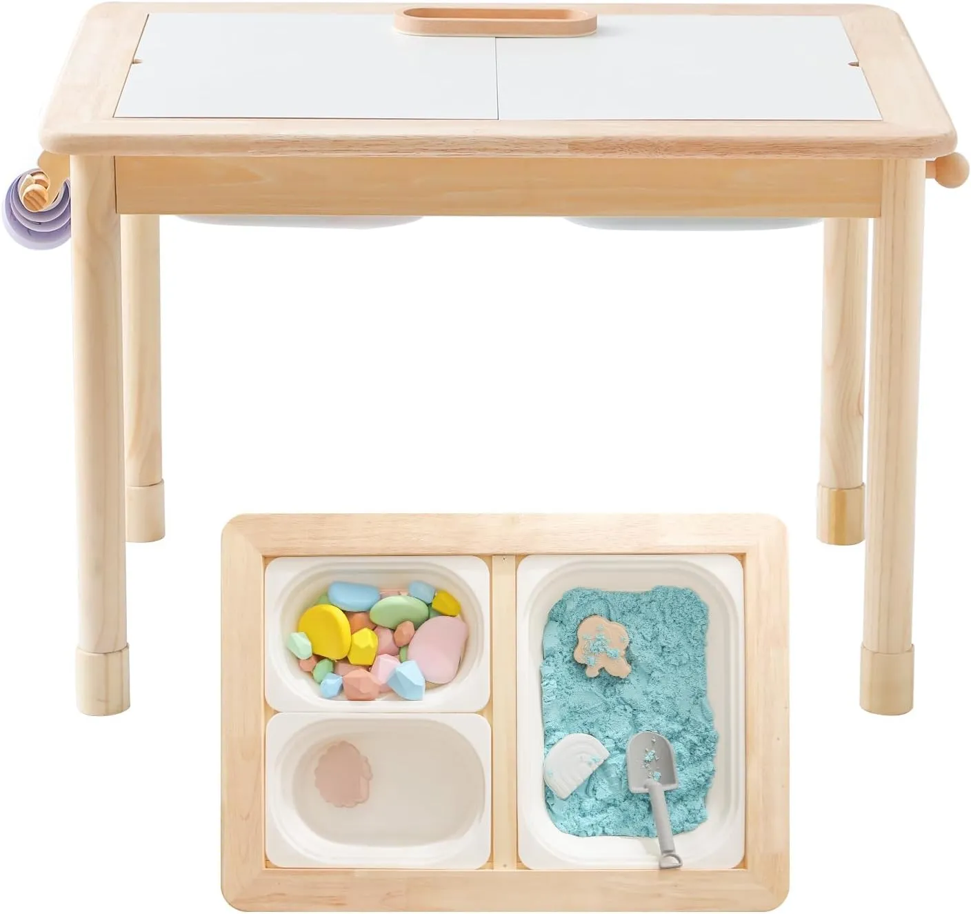IEATFO Rubber Wood Montessori Sensory Table - 3 Foldable Storage Bins, Reinforced Frame, Height Adjustable Children's Table - Multifunctional Kids Activity Table Promotes Sensory Experiences & Growth