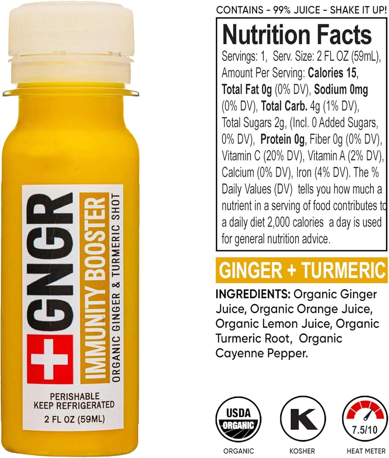 Immunity Booster Organic Ginger and Turmeric Shot - Cold Pressed Ginger Shots with Turmeric, Cayenne Pepper, Orange, Lemon for All Natural Immune & Digestive Support (2 Oz, Pack of 12)