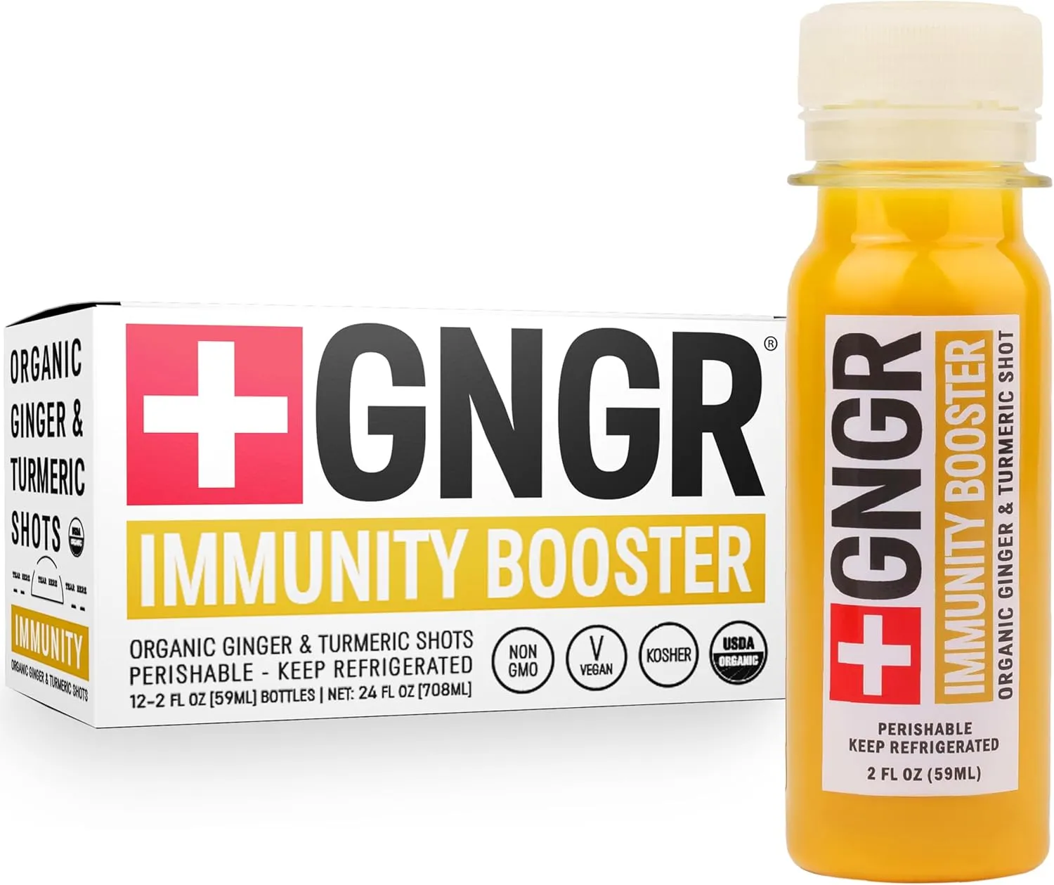 Immunity Booster Organic Ginger and Turmeric Shot - Cold Pressed Ginger Shots with Turmeric, Cayenne Pepper, Orange, Lemon for All Natural Immune & Digestive Support (2 Oz, Pack of 12)