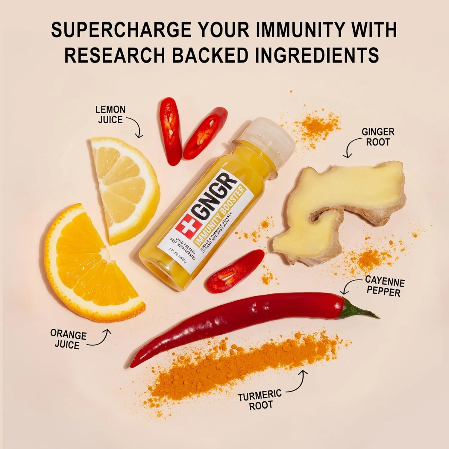 Immunity Booster Organic Ginger and Turmeric Shot - Cold Pressed Ginger Shots with Turmeric, Cayenne Pepper, Orange, Lemon for All Natural Immune & Digestive Support (2 Oz, Pack of 12)