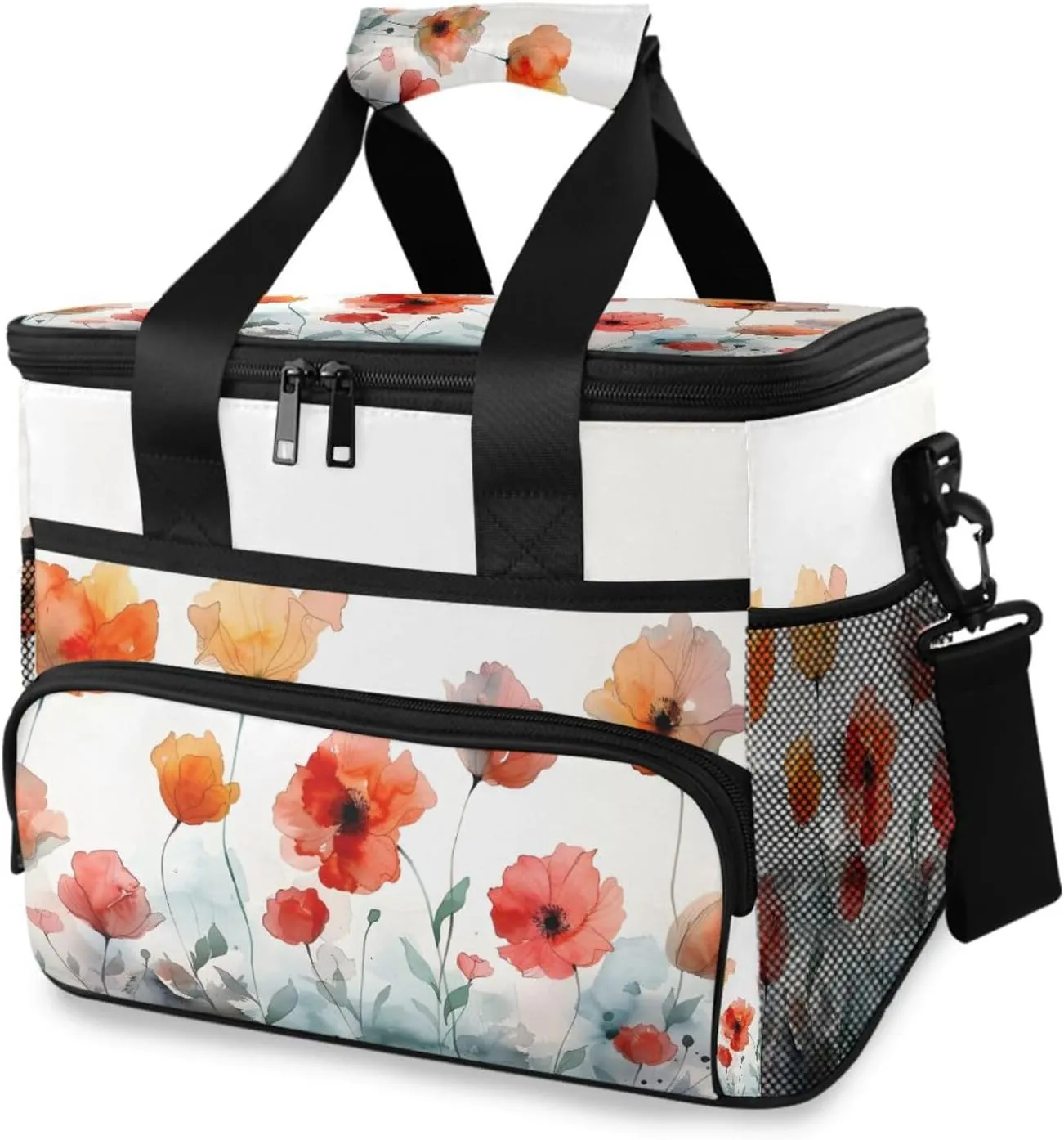 Ink Poppy Red Flower Cooler Bag Insulated Cooler Soft Sided Cooler 24 Can Portable Picnic Bag Large Leakproof Lunch Bag Box for Beach Grocery Camping Travel Car Men Women