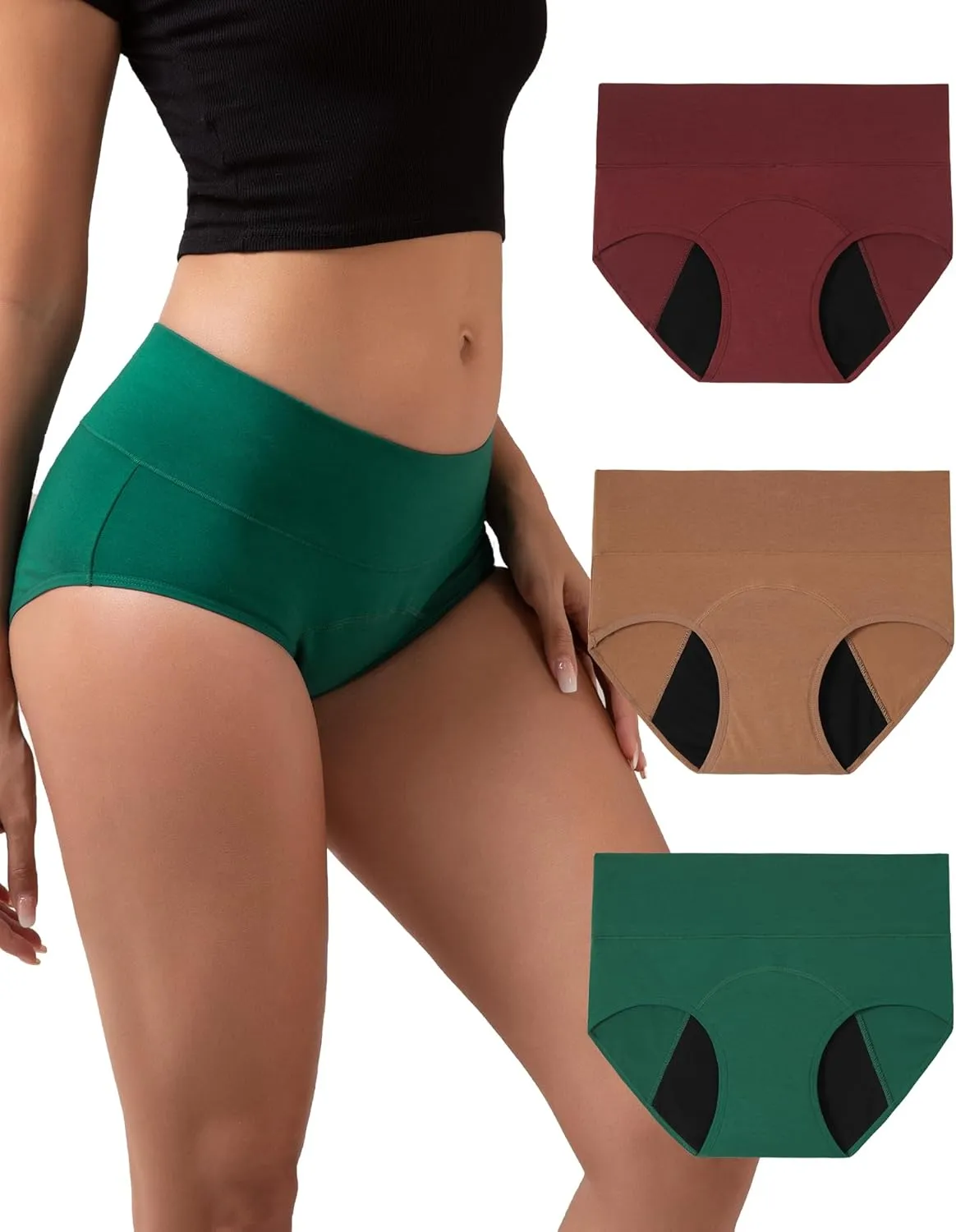 INNERSY Period Underwear for Women Leakproof High Waisted Menstrual Cotton Panties 3 Pack