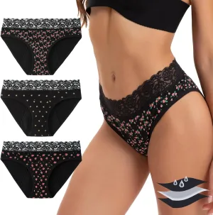 INNERSY Women's Cotton Lace Period Underwear Postpartum Hipster Panties Menstrual Bikini Briefs 3 Pack
